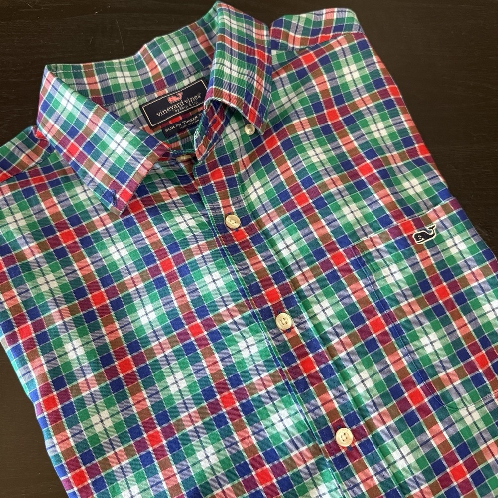 Vineyard Vines Slim Fit Plaid Tucker Button Down Shirt Mens L Red Blue Green